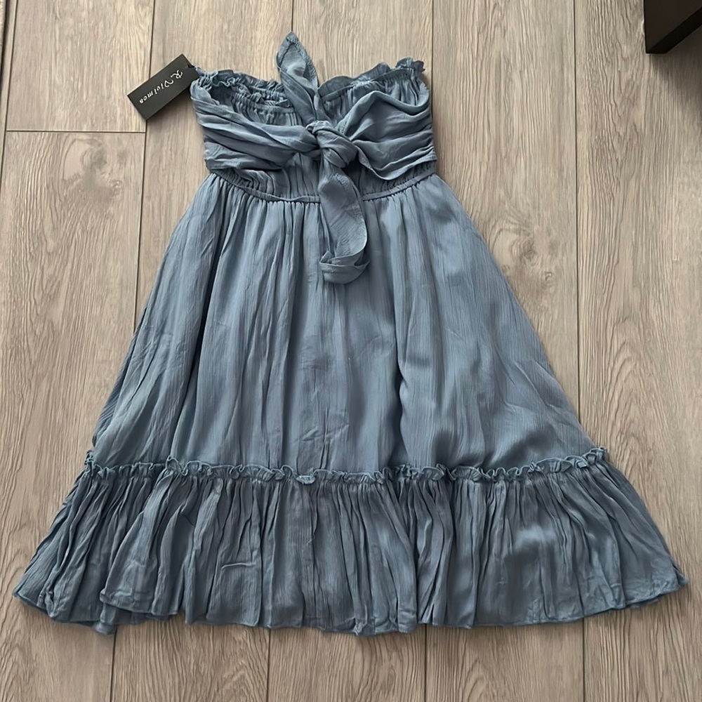 Blue strapless flowy summer dress